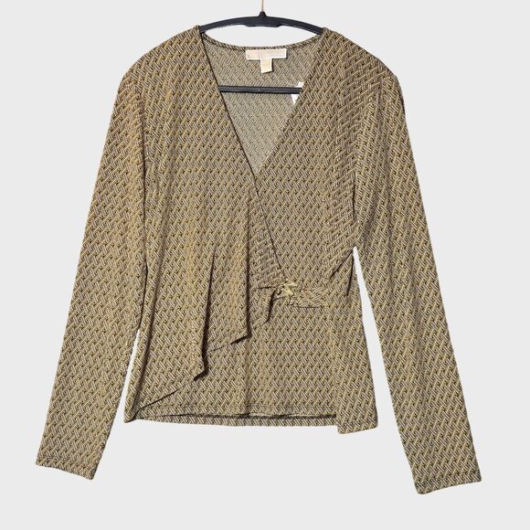 Michael Kors Geometric Retro Faux Wrap Long Sleeve V-Neck Top Tan Brown L NWT - Picture 1 of 8